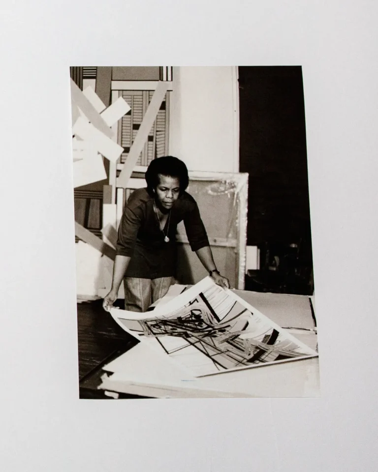 The artist Mavis Pusey, who died in 2019, is seen with some of her artwork. Her archive of artwork and papers are exhibited in “Mavis Pusey: Mobile Images,” a retrospective at the Institute of Contemporary Art in Philadelphia