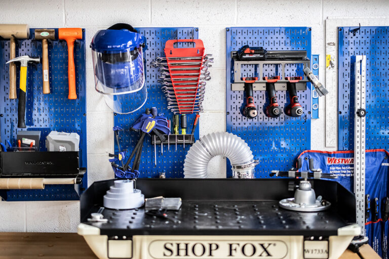Tools lined up on a pegboard at the Precision Machining Laboratory in Towne Hall.